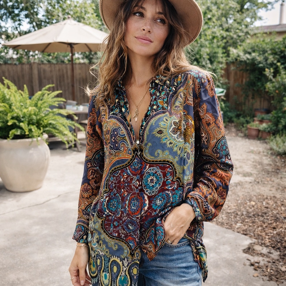 🌿 J.Crew Collection Silk Tunic Shirt – Paisley Boho Print – Size 0